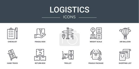 set of 10 outline web logistics icons such as checklist, fragile box, , weight scale, air balloon, hand truck, return box vector icons for report, presentation, diagram, web design, mobile app