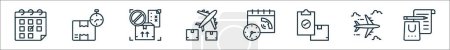 Umrisse von Logistiklinien-Symbolen. lineare Vektorsymbole wie Lieferdatum, Expresslieferung, verboten, Luftfracht, Bearbeitungszeit, verifiziert, Flugzeug, Einkaufsliste