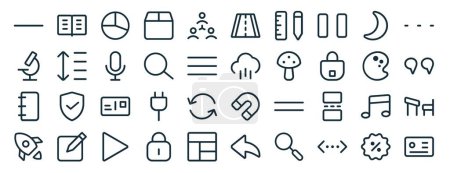 Illustration for Set of 40 outline web ui essential color icons such as library, microscope, notepad, rocket, pallet, dotted line, road icons for report, presentation, diagram, web design, mobile app - Royalty Free Image