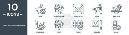 home repair and renovation outline icon set includes thin line sink, home repair, wallpaper, drill, saw hine, plumbing, paint icons for report, presentation, diagram, web design