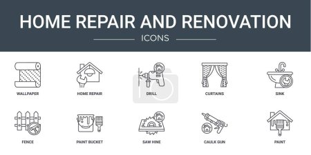 set of 10 outline web home repair and renovation icons such as wallpaper, home repair, drill, curtains, sink, fence, paint bucket vector icons for report, presentation, diagram, web design, mobile