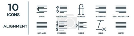 alignment outline icon set such as thin line indent, ligature, right justification, numbered, clear, justify, left align icons for report, presentation, diagram, web design