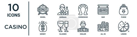 jeu d'icônes de contour de casino telles que roue de ligne mince, fer à cheval, sac à main, lunettes, tout en, citron, icônes d'argent pour rapport, présentation, diagramme, conception web