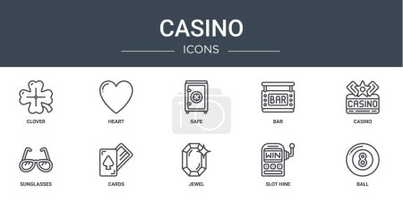 set of 10 outline web casino icons such as clover, heart, safe, bar, casino, sunglasses, cards vector icons for report, presentation, diagram, web design, mobile app