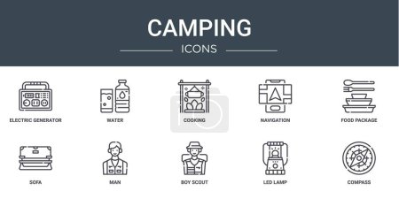 set of 10 outline web camping icons such as electric generator, water, cooking, navigation, food package, sofa, man vector icons for report, presentation, diagram, web design, mobile app