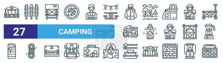 set of 27 outline web camping icons such as tent, , camping chair, scenery, bug spray, rope, food package, electric generator vector thin line icons for web design, mobile app.