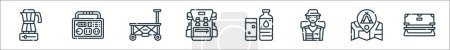 outline set of camping line icons. linear vector icons such as moka pot, electric generator, trolley cart, backpack, water, boy scout, map, sofa