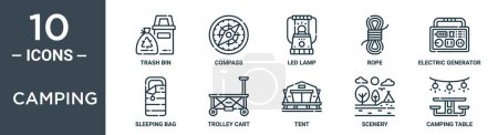 camping outline icon set includes thin line trash bin, compass, led lamp, rope, electric generator, sleeping bag, trolley cart icons for report, presentation, diagram, web design