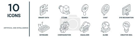 artificial and intelligence outline icon set such as thin line binary data, search, eye recognition, configuration, globe, creative idea, keyboard icons for report, presentation, diagram, web design