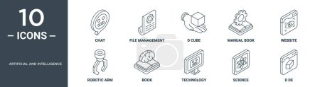 conjunto de iconos de esquema artificial e inteligencia incluye chat de línea delgada, gestión de archivos, d cubo, libro manual, sitio web, brazo robótico, iconos de libro para el informe, presentación, diagrama, diseño web
