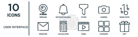 Benutzeroberfläche umreißt Symbolset wie dünne Linie Webcam, Filter, Musiknotiz, Taschenrechner, Kategorie, Geschenk, Umschlagsymbole für Bericht, Präsentation, Diagramm, Webdesign