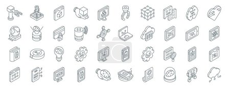 Set von 40 umrissenen Web-Symbolen für künstliche und intelligente Intelligenz wie Roboterarm, Globus, Smart Book, Sitemap, D-Würfel, Kunstherz, Roboterarm-Symbole für Bericht, Präsentation, Diagramm, Webdesign,