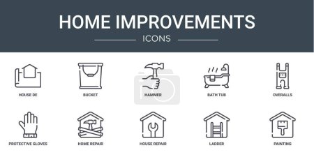 set of 10 outline web home improvements icons such as house de, bucket, hammer, bath tub, overalls, protective gloves, home repair vector icons for report, presentation, diagram, web design, mobile