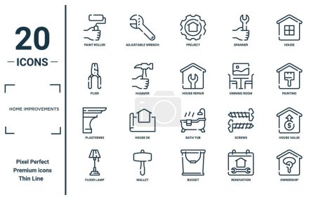home improvements linear icon set. includes thin line paint roller, plier, plastering, floor lamp, ownership, house repair, house value icons for report, presentation, diagram, web design