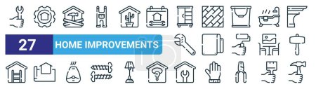 Illustration for Set of 27 outline web home improvements icons such as spanner, project, home repair, floor, trap, house de, house repair, hammer vector thin line icons for web design, mobile app. - Royalty Free Image