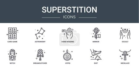 set of 10 outline web superstition icons such as card game, astronomy, hand reading, mirror, occult, witch, dreamcatcher vector icons for report, presentation, diagram, web design, mobile app
