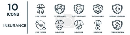 Versicherungssymbole wie Peer-to-Peer, Diebstahlversicherung, Krankenversicherung, Brandschutz, Peer-to-Icons für Bericht, Präsentation, Diagramm, Webdesign