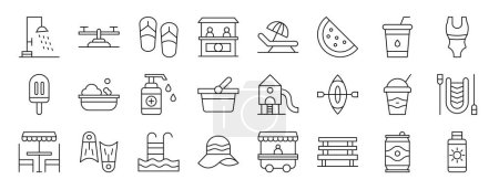 Ilustración de Conjunto de 24 iconos del parque acuático web esquema como ducha, balancín, chancla, taquilla, relajarse, sandía, beber iconos vectoriales para el informe, presentación, diagrama, diseño web, aplicación móvil - Imagen libre de derechos