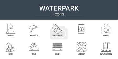 conjunto de 10 iconos del parque acuático web esquema como ducha, pistola de agua, sandía,, cámara, diapositiva, relajar iconos vectoriales para el informe, presentación, diagrama, diseño web, aplicación móvil