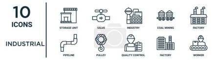 industrial outline icon set such as thin line storage unit, industry, factory, pulley, factory, worker, pipeline icons for report, presentation, diagram, web design