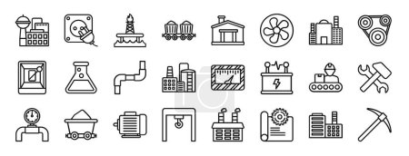 set of 24 outline web industrial icons such as industry, power plug, oil rig, coal mining, warehouse, exhaust fan, factory vector icons for report, presentation, diagram, web design, mobile app