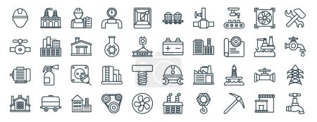 set of 40 outline web industrial icons such as factory, valve, electric motor, factory, oil platform, tools, coal mining icons for report, presentation, diagram, web design, mobile app