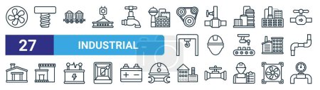 set of 27 outline web industrial icons such as exhaust fan, screw, coal mining, valve, engineer, storage unit, factory, gas pipe vector thin line icons for web design, mobile app.