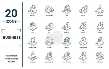 business linear icon set. includes thin line project, filter, money talk, strategy, exchange, analysis, bitcoin icons for report, presentation, diagram, web design