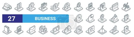 set of 27 outline web business icons such as gold bricks, finance report, project, analysis, pie chart, calculator, aim, report vector thin line icons for web design, mobile app.