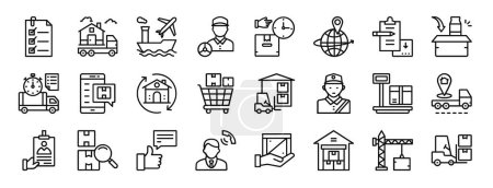 Satz von 24 umrissenen Web-Logistik-Symbolen wie Checkliste, Hauszustellung, internationale Zustellung, Fahrer, Paket, Geolokalisierung, Listen-Vektor-Symbole für Bericht, Präsentation, Diagramm, Webdesign, mobile