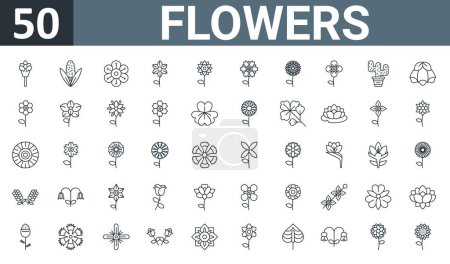 Illustration for Set of 50 outline web flowers icons such as chive blossoms, hyacinth, nasturtium, freesia, daffodil, peony, chrysanthemum vector thin icons for report, presentation, diagram, web design, mobile app. - Royalty Free Image