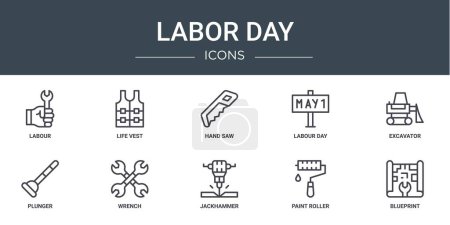 set of 10 outline web labor day icons such as labour, life vest, hand saw, labour day, excavator, plunger, wrench vector icons for report, presentation, diagram, web design, mobile app