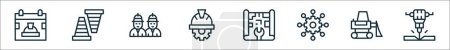 Ilustración de Esquema conjunto de iconos de la línea del día del trabajo. iconos vectoriales lineales como calendario, cono de tráfico, trabajadores, sombrero duro, plano, asociación, excavadora, martillo neumático - Imagen libre de derechos