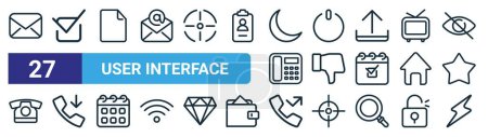 set of 27 outline web user interface icons such as envelope, correct mark, paper, shut down, dislike, call in, missed call, thunder vector thin line icons for web design, mobile app.