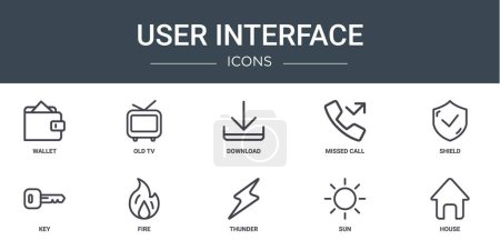 set of 10 outline web user interface icons such as wallet, old tv, download, missed call, shield, key, fire vector icons for report, presentation, diagram, web design, mobile app