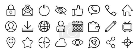 set of 24 outline web user interface icons such as padlock, email, shut down, hide, like, chat balloon, telephone vector icons for report, presentation, diagram, web design, mobile app