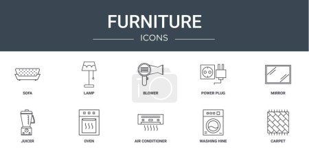 ensemble de 10 icônes de meubles de Web de contour tels que le canapé, la lampe, le ventilateur, la prise de courant, le miroir, le presse-agrumes, les icônes vectorielles de four pour le rapport, la présentation, le diagramme, la conception Web, l'application mobile