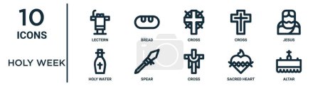 holy week outline icon set such as thin line lectern, cross, jesus, spear, sacred heart, altar, holy water icons for report, presentation, diagram, web design