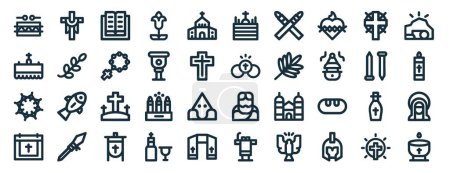 set of 40 outline web holy week icons such as cross, altar, crown, calendar, nails, resurrection, procession icons for report, presentation, diagram, web design, mobile app