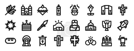 Illustration for Set of 24 outline web holy week icons such as palm, cathedral, sacred heart, candle, censer, lily, stole vector icons for report, presentation, diagram, web design, mobile app - Royalty Free Image