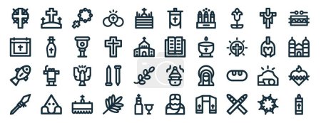 set of 40 outline web holy week icons such as calvary, calendar, fish, spear, roman helmet, drum, standard icons for report, presentation, diagram, web design, mobile app