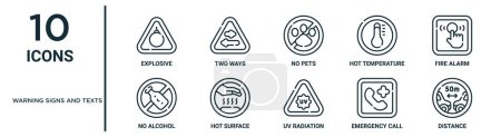 warning signs and texts outline icon set such as thin line explosive, no pets, fire alarm, hot surface, emergency call, distance, no alcohol icons for report, presentation, diagram, web design