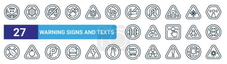 set of 27 outline web warning signs and texts icons such as distance, hinery, no vehicle, no turn, two ways, explosive, do not enter, laser vector thin line icons for web design, mobile app.