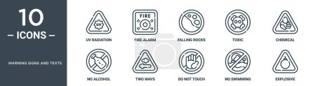 señales de advertencia y textos esquema conjunto de iconos incluye la radiación ultravioleta de línea delgada, alarma de incendios, caída de rocas, tóxico, químico, sin alcohol, iconos de dos vías para el informe, presentación, diagrama, diseño web