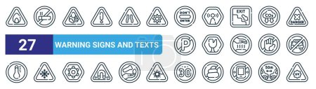 Illustration for Set of 27 outline web warning signs and texts icons such as fire, no smoking, chemical, non ionizing radiation, fragile, snow, speed limit, uv radiation vector thin line icons for web design, mobile - Royalty Free Image
