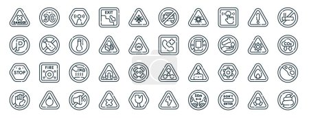 Illustration for Set of 40 outline web warning signs and texts icons such as speed limit, no parking, stop, do not touch, optical radiation, no smoking, no vehicle icons for report, presentation, diagram, web - Royalty Free Image