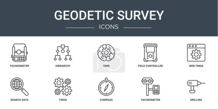 set of 10 outline web geodetic survey icons such as tacheometer, hierarchy, ting, field controller, web tings, search data, tings vector icons for report, presentation, diagram, web design, mobile