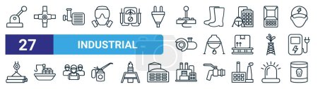 set of 27 outline web industrial icons such as circuit breaker, gas pipeline, mincer, rubber boots, processing plant, cargo ship, industry, toxic waste vector thin line icons for web design, mobile