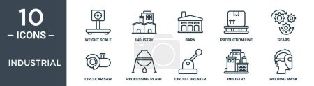 industrial outline icon set includes thin line weight scale, industry, barn, production line, gears, circular saw, processing plant icons for report, presentation, diagram, web design