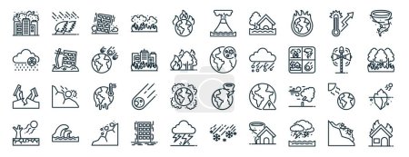 Set von 40 umrissenen Web-Katastrophensymbolen wie Windsturm, Regen, Erdbeben, Erwärmung, Warnsystem, Tornado, Vulkanausbruch-Symbole für Bericht, Präsentation, Diagramm, Webdesign, mobile App